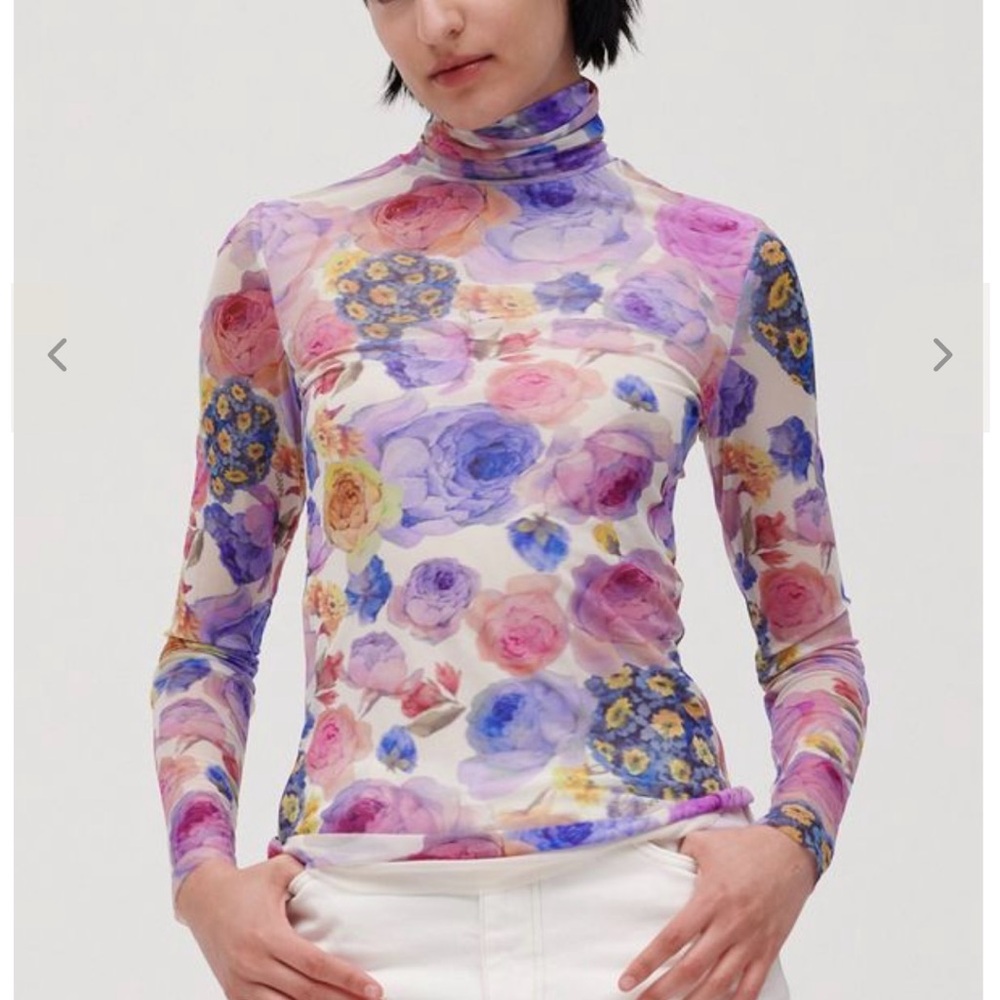 Ganni Floral Mesh Turtleneck Top